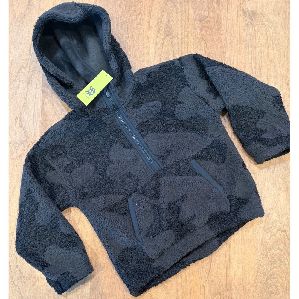 All in Motion Kids High Pile Fleece Hoodie Black Onyx Camo XS 4/5 Half Zip New